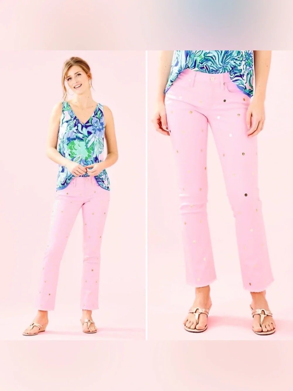 Lilly Pulitzer South Ocean Crop Pink Tropics with Gold Metallic Dot.